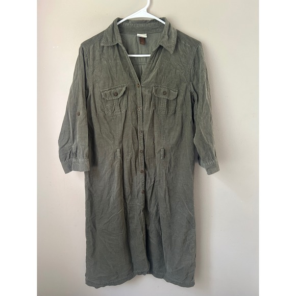 Sonoma Olive Green Corduroy Shirt Dress Button Front Midi Casual Utility - Picture 1 of 5